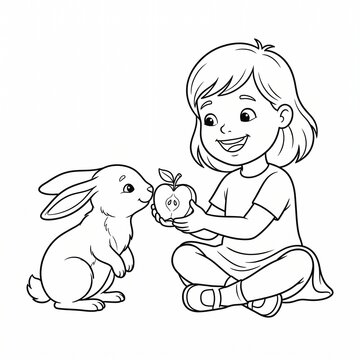 Little Girl Feeding A Rabbit An Apple While Sitting Cross-Legged Showing Gentle Care