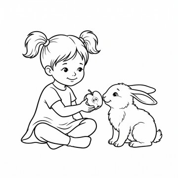 Little Girl Feeding Apple To Cute Rabbit Sitting Together In Sweet Pet Friendship Scene