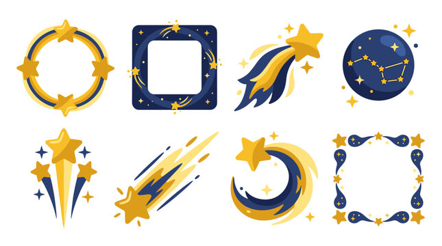 Set of celestial design elements, golden stars, comets, orbits, and decorative frames, cosmic space theme for digital scrapbooking or stickers