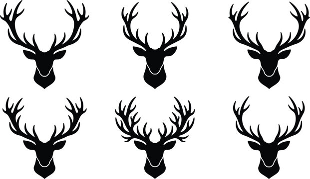 Deer head black icons set with large antlers for hunting trophy stag buck reindeer vector illustration
