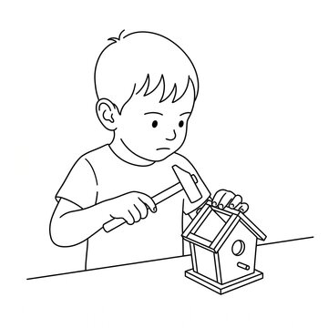 Young Boy Hammering a Wooden Birdhouse While Concentrating on a Craft Project at Table