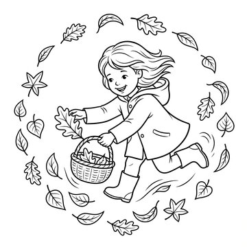 Happy Little Girl Running With a Basket of Autumn Leaves Surrounded by Falling Leaves