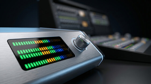 Modern audio mixing console with illuminated sound level meters on desk.