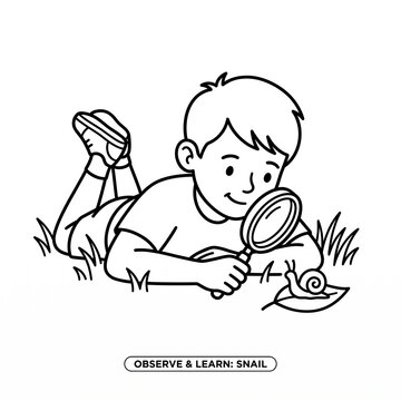 Curious Boy Observing Snail With Magnifying Glass While Lying on Grass Outdoor Nature Learning