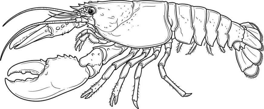 Detailed side view engraving profile of marine crustacean lobster showing large textured claw and segmented hard shell