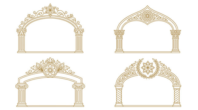 Set of four ornate victorian baroque arches with decorative pillars, vintage gold flourishes, wedding invitation borders, royal heraldry elements