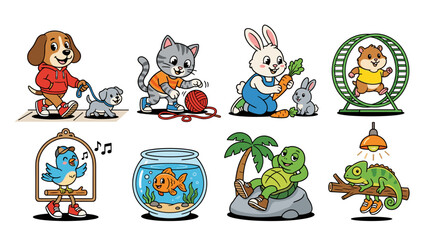 Fototapeta premium Set of retro animal characters including dog cat rabbit hamster bird fish turtle and chameleon doing daily activities, vibrant vector stickers