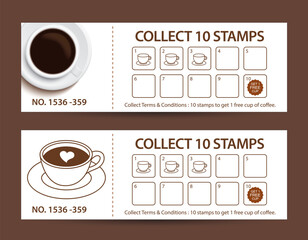 Obraz na płótnie Canvas Coffee stamp loyalty card coupon voucher collect ten stamps free cup cafe reward template.