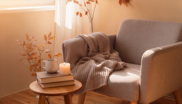 Warm autumn reading corner with a beige armchair, chunky knit blanket, candle, mug, books, and golden leaves in soft sunlight, ideal for seasonal lifestyle and home decor themes.