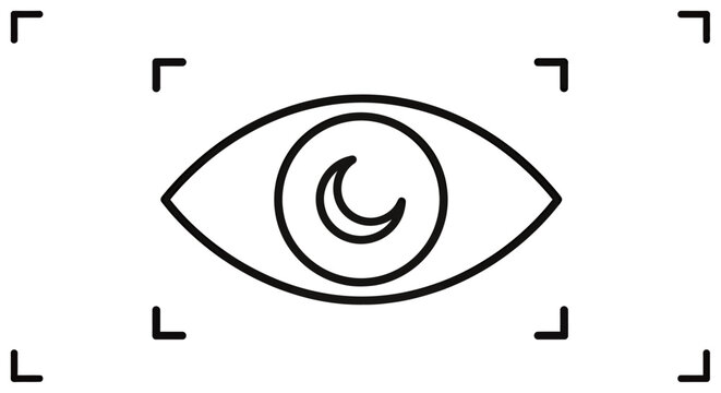 Minimalist eye icon with crescent moon emblem suitable for logos and branding.