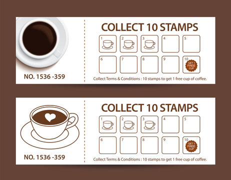 Coffee stamp loyalty card coupon voucher collect ten stamps free cup cafe reward template.