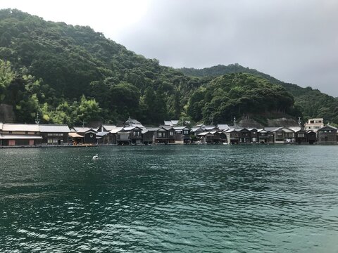 Panoramic photo of the *funaya* (boat houses) in Ine Town, Kyoto Prefecture.