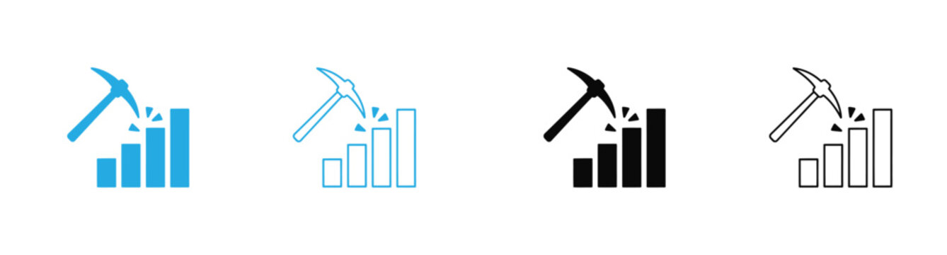 Financial Analytics Icon Data Mining and Set &ndash; Pickaxe Hitting Bar Graph, Data Extraction, Business Intelligence, Crypto Mining, Growth Analysis, and Statistics Processing Vector Symbols in Line .