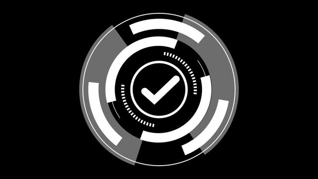 Futuristic circular hud interface design element with glowing white lines and geometric shapes on a dark black background for technology and sci-fi data visualization graphics