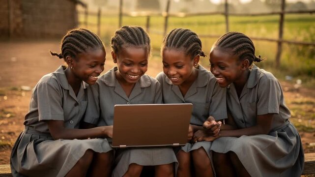 Happy African schoolgirls in uniform using laptop outdoors in rural area learning technology