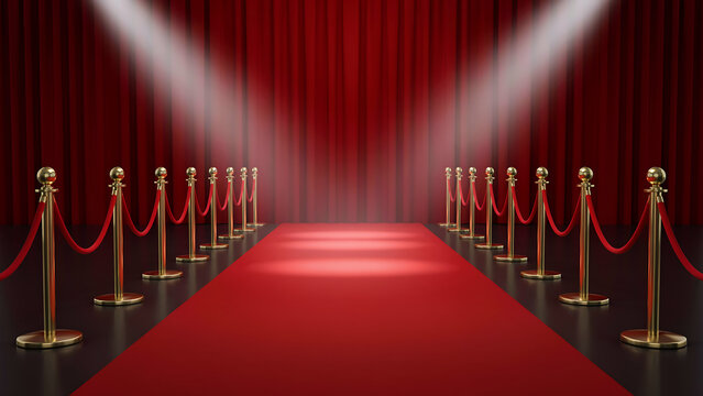 Illuminated red carpet path with gold stanchions and spotlights, stanchion