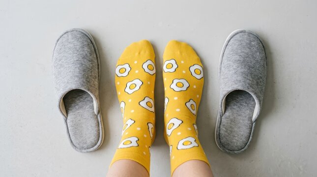 Person wearing yellow socks with fried egg pattern next to grey slippers on a grey background