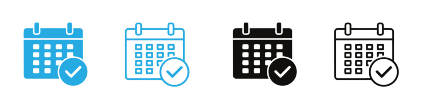 Calendar Checkmark Icon Set &ndash; Event Booking, Scheduled Appointment, Date Approval, Completed Task, Calendar Verification, and Time Management Vector Symbols in Line and Filled Blue and Black Styles .