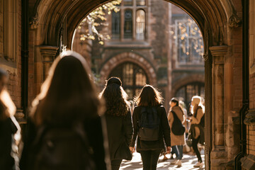 Obraz premium Students Walking Through University Campus Courtyard During Gorgeous Autumn Day with Soft Natural Lighting