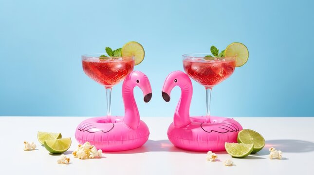 Two cocktails in flamingo pool floats with lime and popcorn
