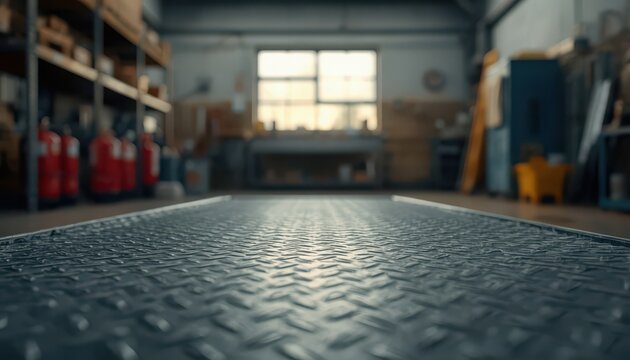 Industrial metal diamond plate floor surface in blurred workshop background for manufacturing product display mockup.