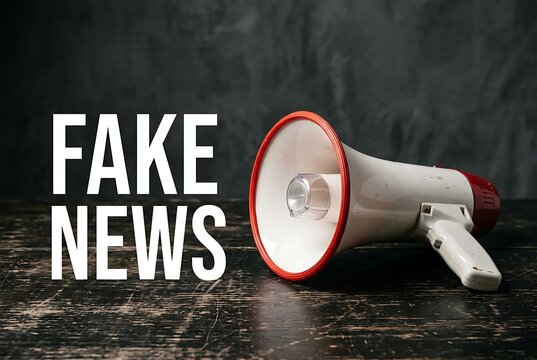 Megaphone with "FAKE NEWS" text, conveying information dissemination and misinformation concepts.