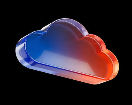 Gradient blue and red glassy cloud icon isolated on black background with technology computing gradient internet download minimalist connectivity abstract information