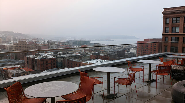 Scenic Rooftop Terrace Overlooking Elliott Bay with Unique Urban Patchwork Cityscape in Soft Misty Light