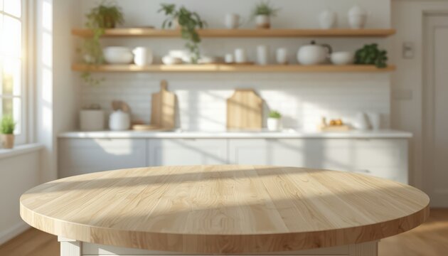 Empty round wooden table top in bright sunny modern white kitchen interior background for product display and mockup