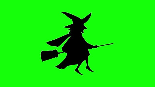 Halloween witch riding a broom wearing hat, trick or treat icon sign, isolated on green screen. Vector cartoon animation. Advertisement, illustration idea, party and celebration symbol. 
