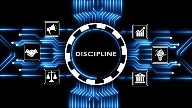 Discipline concept animation featuring digital icons and glowing blue circuit board.