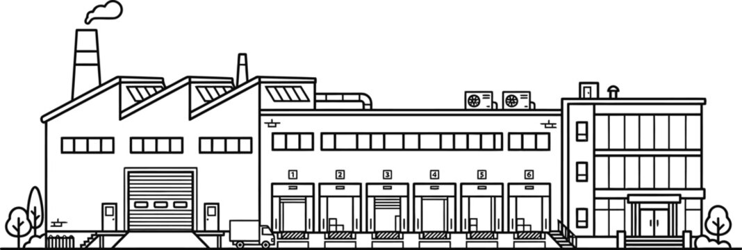 Industrial factory building with chimney and loading docks.