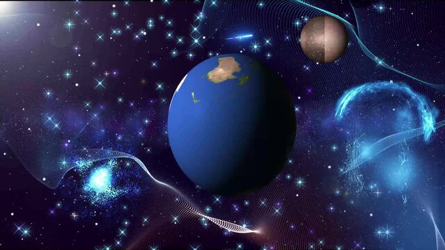 Planet earth and a moon in deep outer space with glowing stars and bright blue nebula light particles floating in the dark universe background for science and galaxy themes