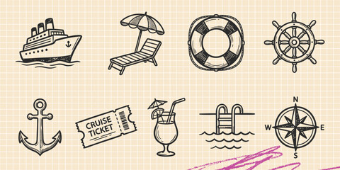 Hand drawn vintage black ink scribble doodle vector set of marine life anchors lighthouses and sea travel icons for creative graphic design © Broke Stoke