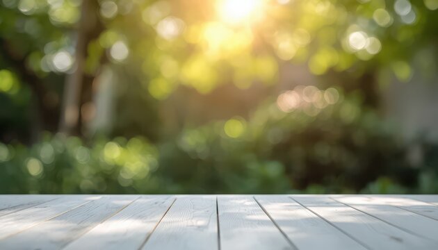 Empty white wooden table top on a blurred green garden background for product display and nature presentation design.
