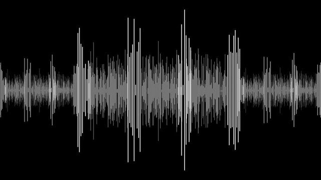 Abstract white sound wave frequency visualization on a black background representing digital audio signal music rhythm pulse and radio communication technology data analysis pattern