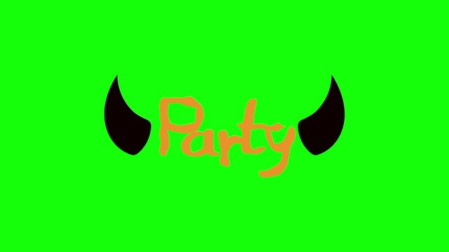 Halloween party title greeting text with devil horn, trick or treat icon sign, isolated on green screen. Vector cartoon animation. Advertisement, illustration idea, party and celebration symbol.	
