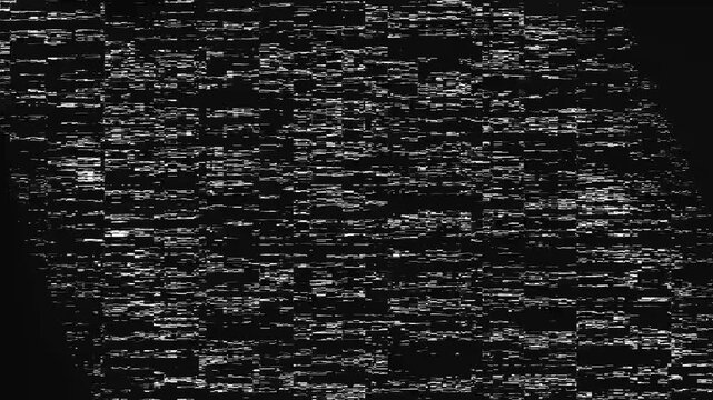 Abstract digital glitch texture with black and white horizontal noise bars and corrupted data patterns for modern graphic design backgrounds and cool tech visual effects