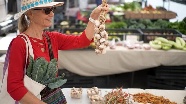 A senior woman smiles as she a braid of garlic at the Farmers Market in Sonoma, California, on a sunny morning.