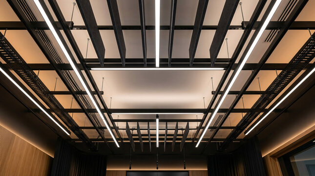 Modern architectural ceiling with geometric grid design and recessed lighting.