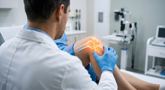 Male doctor examining patient knee with digital bone overlay in hospital medical office setting now.