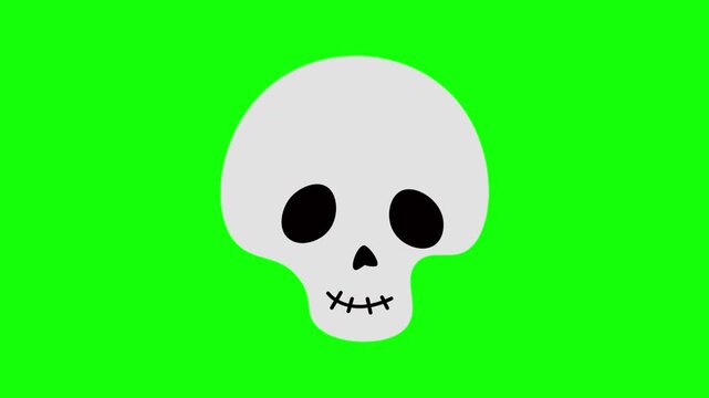 Halloween skeleton, alien skull head creature, trick or treat icon sign, isolated on green screen. Vector cartoon animation. Advertisement, illustration idea, party and celebration symbol. 