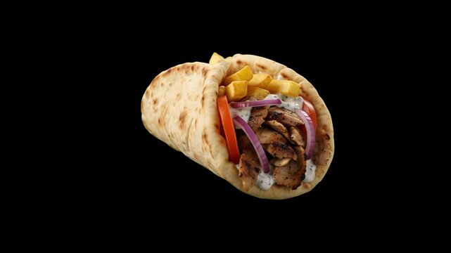 A traditional Greek gyros sandwich wrapped in warm pita bread with grilled meat, onions, tomatoes, fries, and tzatziki sauce on a black background. Perfect for Mediterranean restaurant menus and stree
