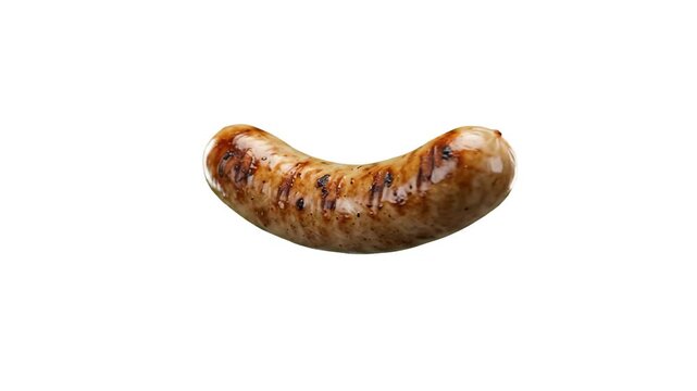 A single grilled bratwurst sausage with visible grill marks isolated on a clean white backdrop. Ideal for barbecue ads, German food menus, Oktoberfest promos, and meat product packaging.