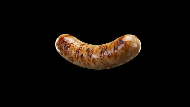 A detailed 3D grilled bratwurst sausage with realistic grill marks, floating against a solid black background. Ideal for culinary promos, barbecue party ads, and food menu designs.