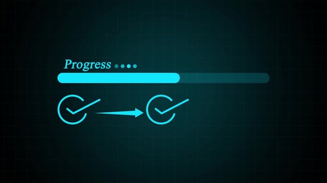 Blue digital progress bar loading on a dark abstract background with a check mark icon representing completed download or successful process status for web and mobile interface