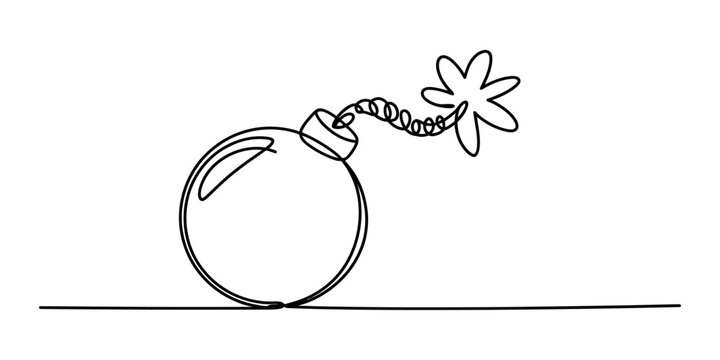 Continuous single line drawing of a round bomb with a burning fuse ready to explode for danger and risk concepts isolated on a simple white background Vector, illustration