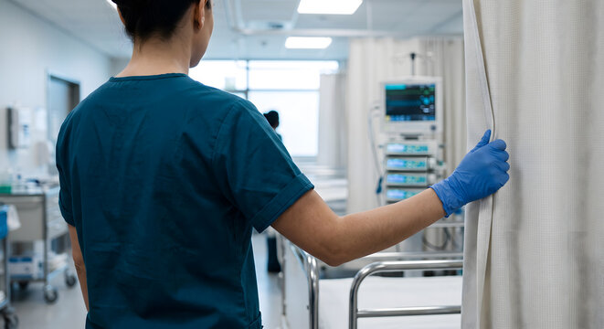 Medical professional in blue scrubs closing a hospital room curtain to ensure privacy for the patient.
