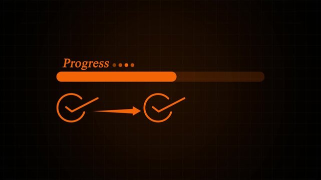 Orange progress bar with check mark icon and text on a dark digital background showing a loading task status for web and mobile software interface development or app design
