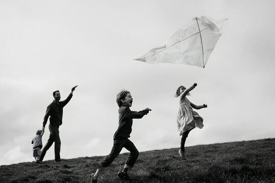 Family members enjoying a fun day flying kites together at Gas Works Park on a bright and breezy day